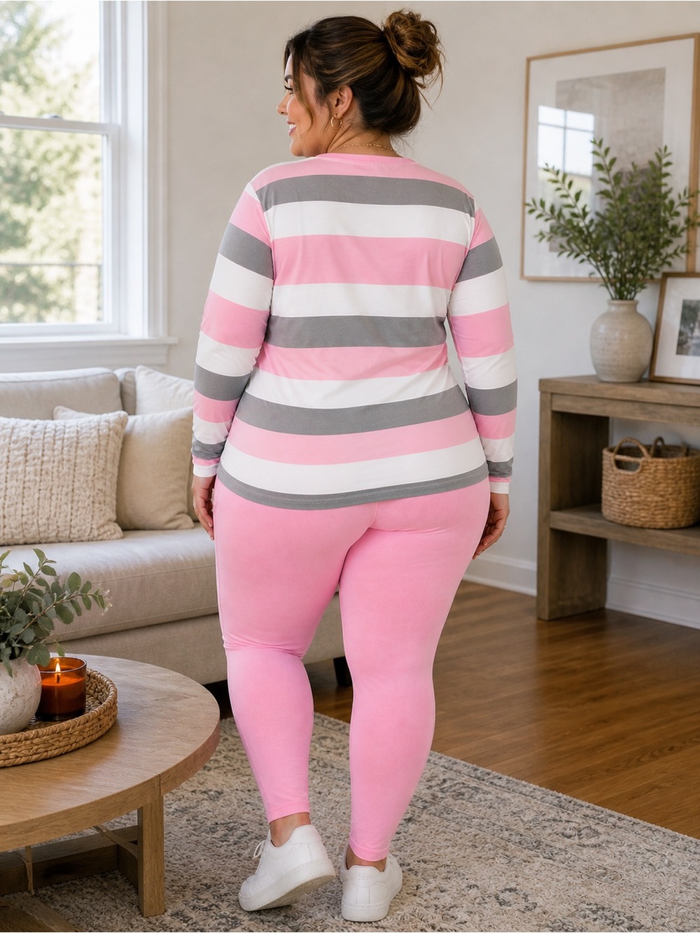 Plus Size Pink Striped Long-Sleeve Top with Pink Leggings Set